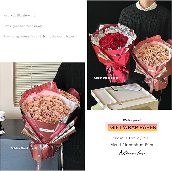 FWSA WRAPS Korean Flower Wrapping Paper Roll, Rose Gold Florist Bouquet Paper,Waterproof Gift Packaging DIY Art Crafts Christmas, Mother's Day Deco Florist Supplies 22x360 inches (Rose gold)