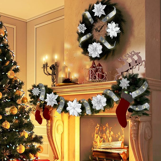 72 Pcs 9 Styles Christmas Glitter Poinsettia Flowers,Christmas White Glitter Artificial Poinsettia Flower Tree Ornaments for Xmas Wreaths Garland Floral Gift Winter Wedding Holiday Decoration(White)