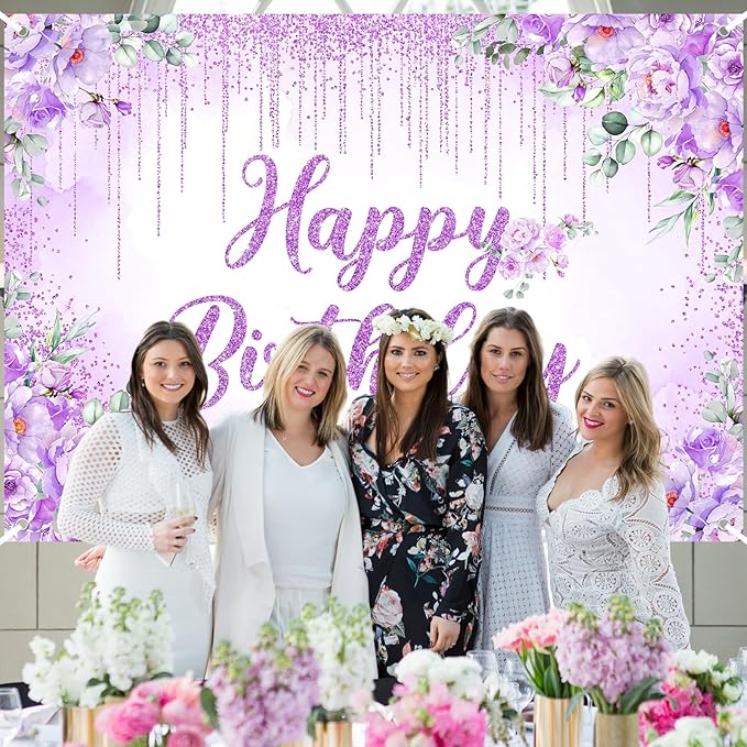 Avezano Happy Birthday Backdrop Banner for Girls Women Happy Birthday Party Decorations Floral Glitters Bday Banner Party Supplies (Purple, 7x5ft)