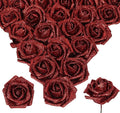Red Glitter Roses 30pcs Fake Red Roses Real Looking 2.56" Glitter Flowers Faux Roses with Stems Foam Roses for Bridal Shower Decorations Wedding Bouquet Decor