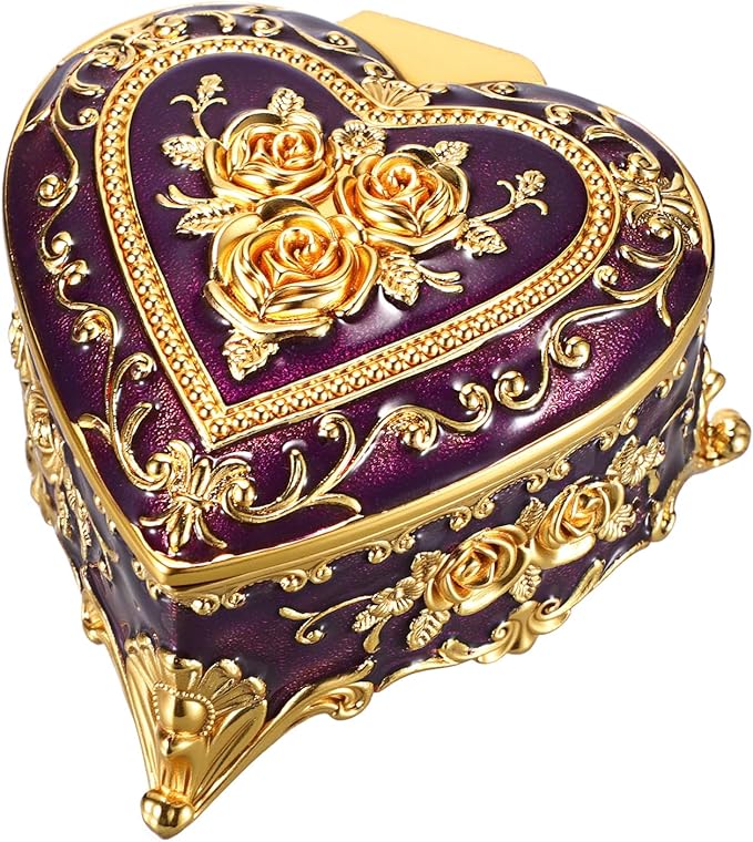 Hipiwe Decorative Jewelry Box Purple Vintage Jewelry Storage Case with Rose Pattern Heart Shaped Treasure Chest Box for Earrings Ring Necklace Keepsake Organizer