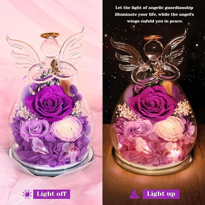 FIACO Gifts for Women Birthday Gifts for Mom Preserved Rose Forever Flower in Glass Angel Figurines Fresh Flowers for Delivery Prime Real Purple Roses for Grandma Sister Wife Her from Daughter