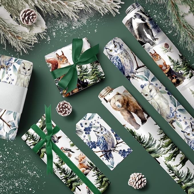 WRAPAHOLIC Kraft Christmas Wrapping Paper Roll - Mini Roll - 3 Rolls - 17 Inch x 120 Inch Per Roll - White Wild Animals Winterfall Watercolor Holiday Collection