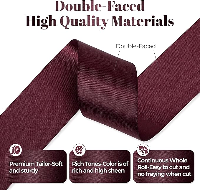 Burgundy Satin Ribbon, Double Faced 1-1/2 Inch X 50 Yards Burgundy Ribbon, Premium Satin Ribbon for Gift Wrapping, Crafts, Hair Bow Making, Sewing, Flower Bouquet, Wedding Party Decor