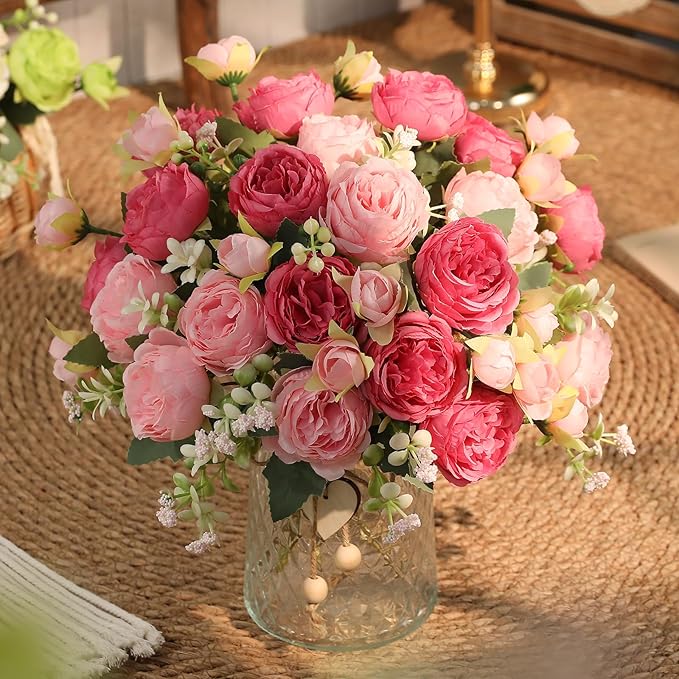 Floweroyal 2 Bunches Peony Artificial Flowers Pink Flowers Silk Peonies Bouquets for Wedding Party Table Centerpieces Floral Arrangement Home Kitchen Decor