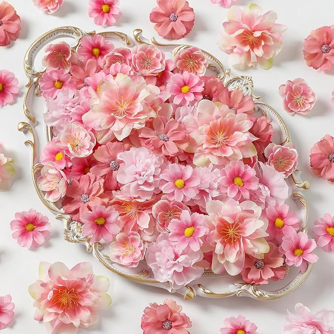 210Pcs Mini Fake Flower Heads Pink Small Silk Faux Flower Heads Artificial Rose Daisy Multicolor Flowers Bulk for Cake Crafts DIY Graduation Cap Wedding Hair Dresses Wreath Party Home Decor
