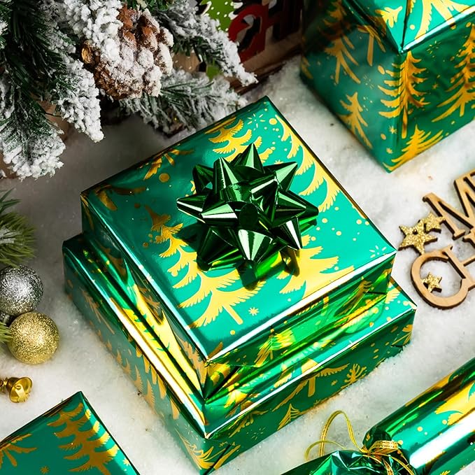 MAYPLUSS Vintage Green Christmas Wrapping Paper Roll - 17 Inch X 33 Feet - Metallic Gold Foil Christmas Tree On Green Flat Wrap Paper Sheet for Holiday, Winter, Party, DIY Crafts & Festive Decoration