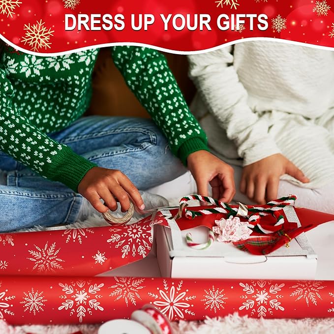 Christmas Wrapping Paper Set of 4 Rolls (93 sq. ft. ttl) With Colorful Holiday Patterns Santa Claus, Reindeer, Christmas Tree, Snowman, snowflakes for Gifts - 17 inches x 16.5 feet Per Roll