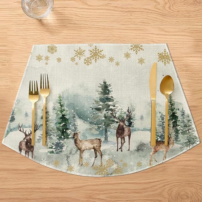 Artoid Mode Christmas Snowflakes Deers Wedge Placemats for Round Table Set of 4, Winter Seasonal Kitchen Dining Table Decoration for Indoor Party Home