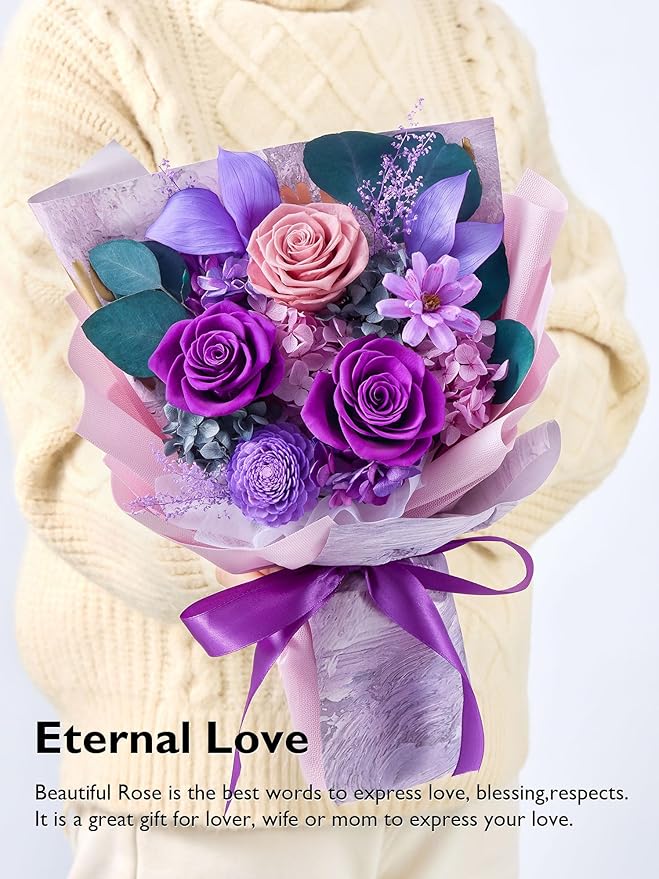 Eterfield Flowers for Delivery Prime, Forever Flowers Bouquet, Preserved Roses and Purple Flowers Birthday Gifts for Her Women Wife Mom Grandma Graduation Valentine's Day Mother's Day