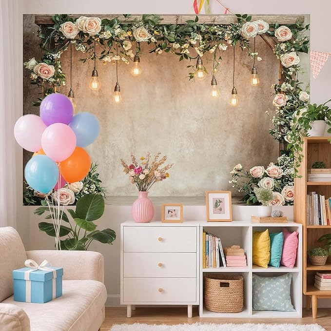 6x6ft Country Wedding Photography Backdrop Floral Rustic Roses Farmhouse Wooden Door Backdrop Pink Flower Birthday Baby Shower Wedding Bridal Party Banner Photo Booth Props Anniversary Background
