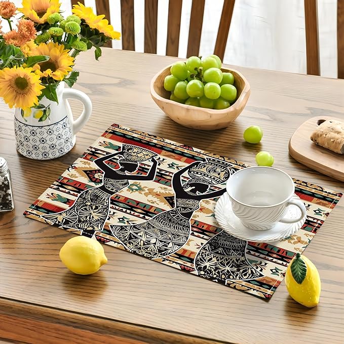 Southwestern Placemats Set of 6, African Woman Place Mats, Rustic Dancing Women with Pot on The Head Dining Table Mats, Washable Placemats for Kitchen Dining Room 18L'' × 12W''