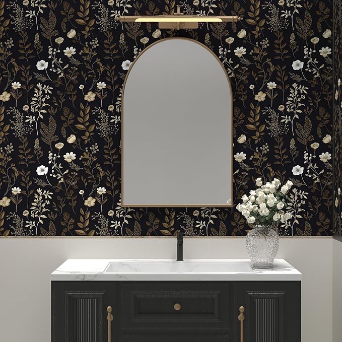 Vintage Dark Floral Wallpaper, Moody Black Leaf Botanical Removable Contact Paper for Bedroom Bathroom Drawer, Boho Floral Self Adhesive Wall Paper Brown Taupe Flower Wall Decor 17.5" x 118"