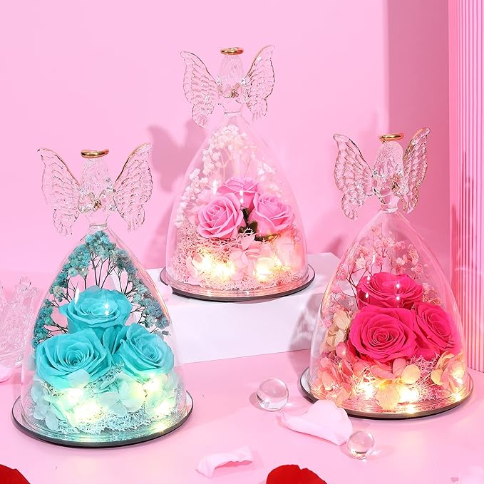 Mothers Day Mom Gifts for Women Preserved Flowers in Glass Angel Forever Flowers Gifts Eternal Roses Gifts for Grandma - Pink