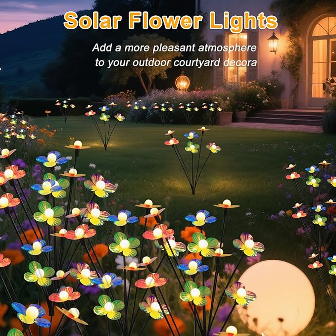 Solar Flower Lights Outdoor Waterproof 2 Pack of 32 LEDs Garden Solar Firefly Lights Decorative for Garden, Yard, Backyard