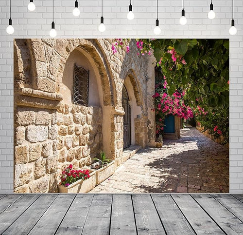 10x6.5ft Fabric Old Stone Street Backdrop Jerusalem Ancient Narrow Street with Blooming Flowers Israel Background Ancient Stone Wall Backdrop Photoshoot Studio Props