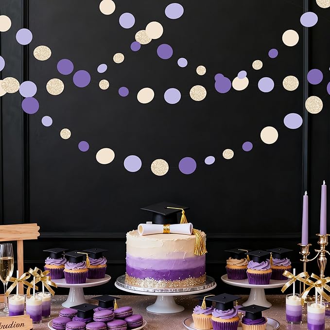 Champagne Gold Purple Cream Nude Polka Dots Garland Lavender Hanging Paper Circle Dot Streamer for Birthday Wedding Engagement Baby Shower Bridal Shower Lilac Violet Theme Party Decorations Supplies