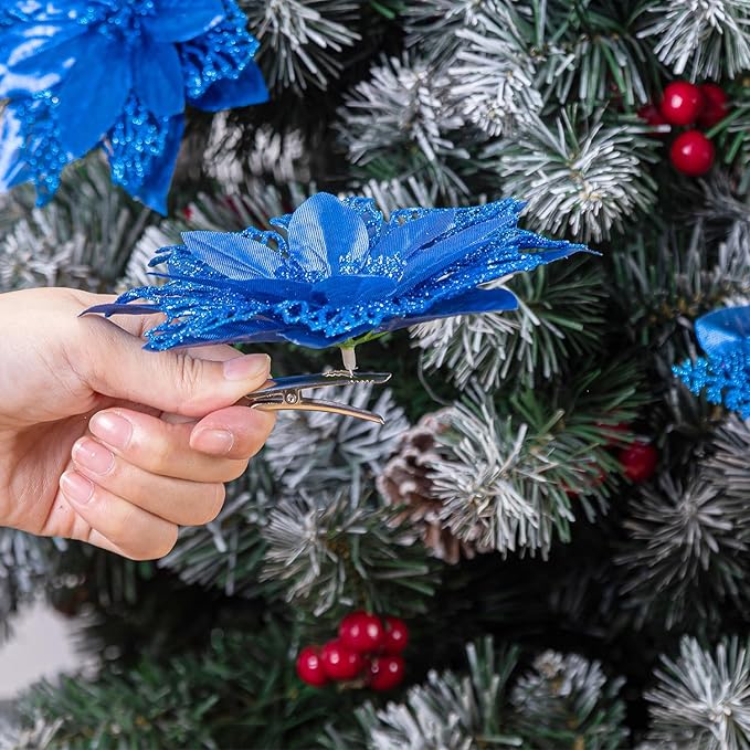 24 Pcs Royal Blue Boxed Christmas Poinsettia Flowers Set, 16 Pcs Artificial Poinsettias with Clips, 8 pcs Glitter Christmas Tree Ornaments Berry Stems for Wedding Home Holiday Xmas Decorations