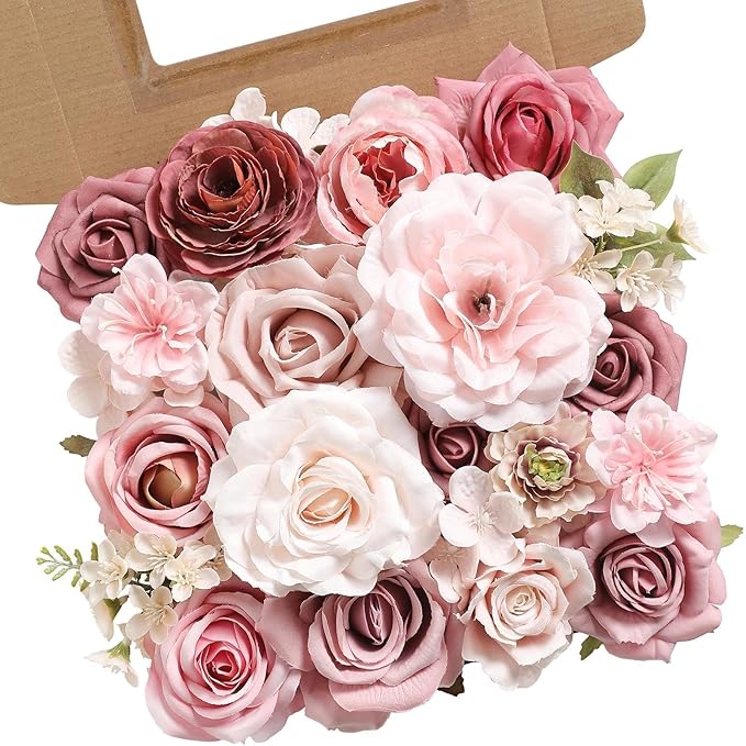 Artificial Flowers Combo Box Nude Pink Flowers Silk Fake Roses Dahlia with Stems for DIY Wedding Bridal Bouquets,Table Centerpieces,Cake Floral Arrangement,Baby Shower,Birthday Home Decor
