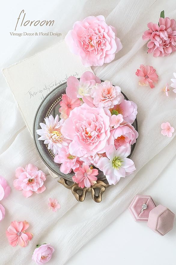 Floroom Mini Artificial Flower Heads Pink & Blush Fake Peony Daisy Rose Multicolor Small Faux Silk Flower Heads for Cake Craft Garland Wedding Party Graduation Cap DIY Home Decoration, 0.8"-3.6"