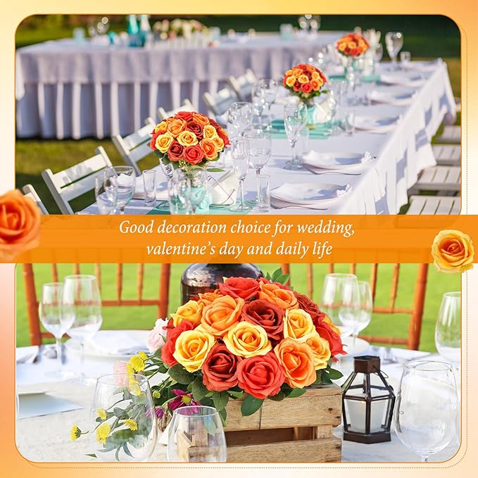 Hotop 40 Pcs Rose Artificial Flowers Bulk with Long Stem,Realistic Silk Fake Roses Bouquet for Home Wedding Centerpieces Party Table Decoration Valentines Gifts(Gradient Orange)
