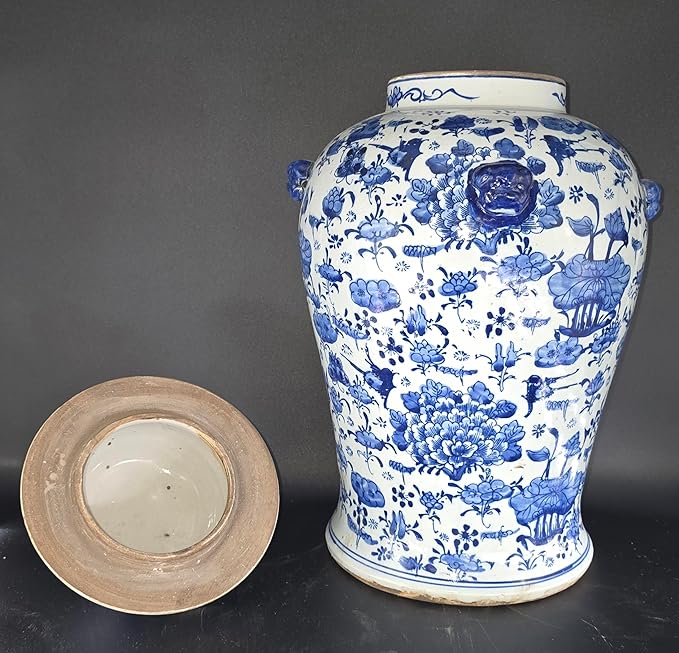19" Antique Like Finish Blue and White Ginger Jars Porcelain Temple Ceramic Ginger Jar Vase, China Ming Style, Lotus and Flowers Jingdezhen(L5)