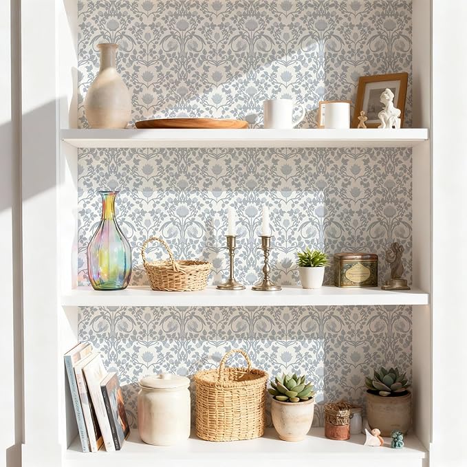 17.3" × 393.7" Blue Floral Peel and Stick Wallpaper, Damask Vintage Wallpaper for Bedroom Bathroom Self Adhesive Removable