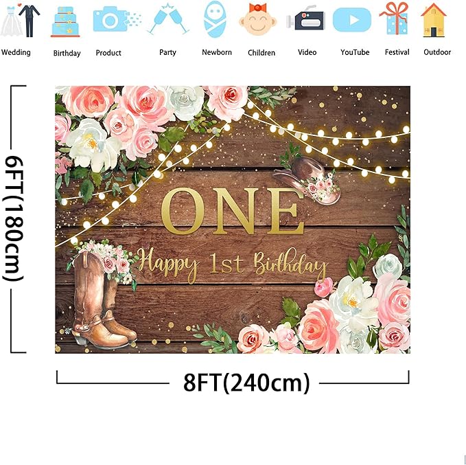 SVBright Cowgirl First Birthday Backdrop 8Wx6H Western Rustic Country Retro Wooden Plank Pink Flower Wood Hat Happy Birthday Baby Shower Decorations Photography Background Banner Photo Booth Studio