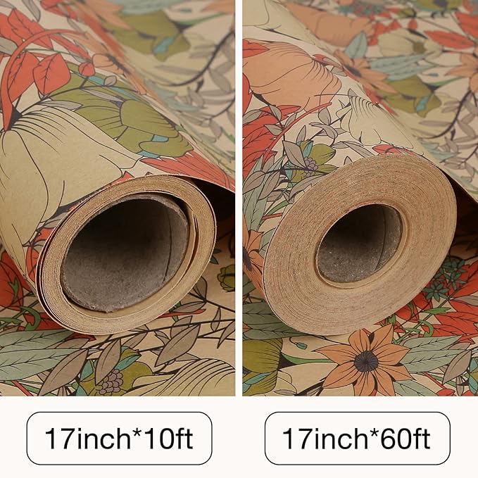 Aimyoo Kraft Floral Wrapping Paper Roll, All Occasion Vintage Flower Gift Wrap for Wedding Birthday Bridal Shower, 17 inch x 10 ft