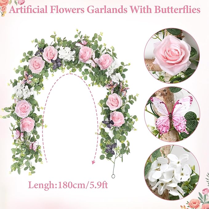 4PCS 5.9Ft Artificial Flower Garland Fake Rose Hydrangea Vines with Butterflies Hanging Floral Flowers Greenery Eucalyptus Garland for Wedding Home Party Room Table Backdrop Decor (Pink, 4PCS)