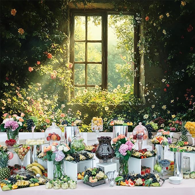 Baocicco 20x10ft Spring Window Photography Backdrops Sunshine Oil Painting Flowers Background Cloth for Marriage Valentines Mothers Day Engagement Party Decoration Photo Props Background Supplies
