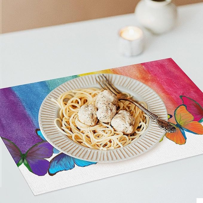 Rainbow Butterfly Placemats Set of 6,Colorful Butterfly Kids Girls Birthday Party Decor Washable for Kitchen Dining Table Heat Resistant Decorative Colth Table Mats 6 PCS, Style-2