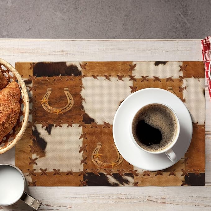 Vintage Cowhide Animal Placemats, Old West Country Cow Animal Fur Patchwork Abstract Horseshoe Print Washable Fabric Placemats Table Kitchen Dining Party 12x18 Inch Set of 6