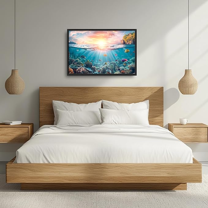 Ocean Fish Large Wall Art Framed Wall Decor for Living Room, Ocean Sunset Pictures Oversized Canvas Print Painting Modern Extra Large Framed Artwork for Bedroom Office Home Decor 36"x24"