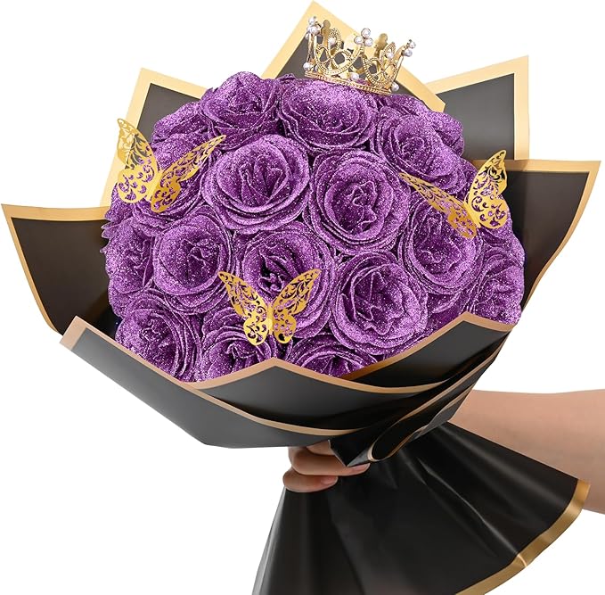 Waipfaru Glitter Roses Bouquet, DIY Lilac Fake Flowers Bouquet, Birthday Gifts for Women Mom, 24 Pcs Rose for Grandma Wife Girlfriend Valentines, Mothers Day, Anniversary, Graduation