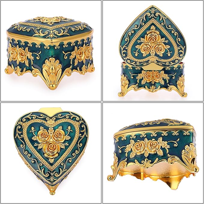 Hipiwe Vintage Metal Jewelry Box - Heart Shape Trinket Box Ring Case with Rose Pattern Jewelry Storage Box for Ring Earrings Necklace, Keepsake Box for Women, Blue