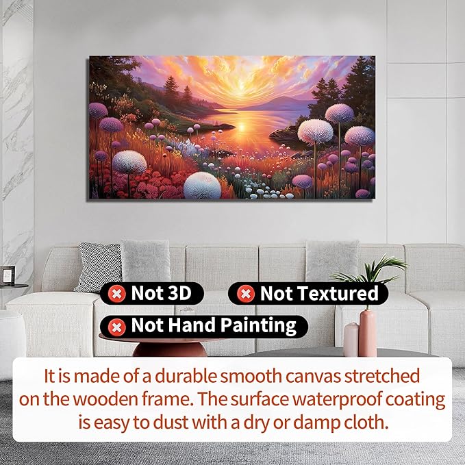 Sunset Panoramic Canvas Wall Art, Purple Floral Meadow & Green Tree Landscape with Gold Accents Picture for Living Room Bedroom Wall Decor, Print Painting Artwork Decoration, Large Size 58x29 Inches
