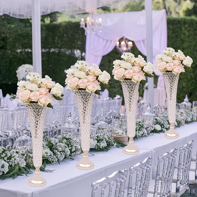 4 Pcs 21 Inch Tall Gold Crystal Vase for Centerpieces, Wedding Christmas Metal Crystal Trumpet Flower Vase Stand for Table Floor Party Banquet Celebration