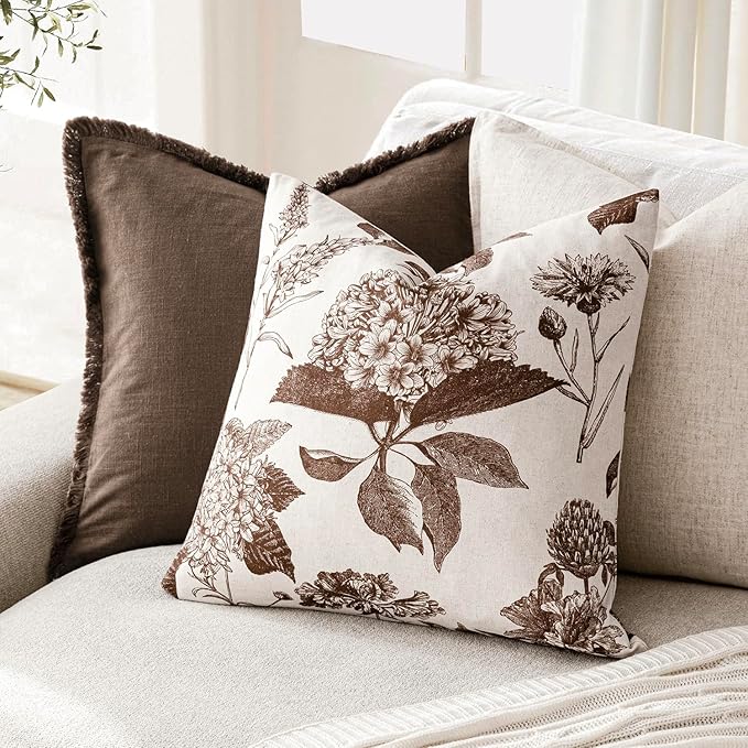 Foindtower Set of 2 Linen Floral Throw Pillow Covers Neutral Vintage Print Decorative Cushion Covers Farmhouse Boho Home Decor for Sofa Chair Couch Bedroom Living Room,20×20 Inch,Dark Brown