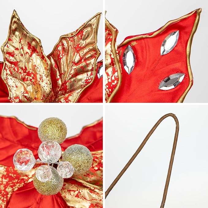 Hollyone 3PCS Poinsettia Christmas Flowers Artificial 11" Large Red and Gold Glitter Poinsettia Flowers Christmas Tree Ornaments Floral Picks for Tree Wreath Garland Vase Table Centerpiece Home Decor
