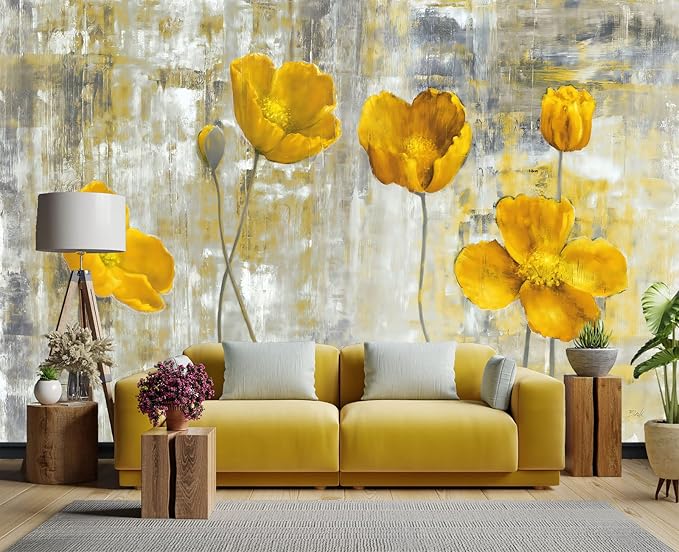 Yellow Oil Painting Flowers Wall Mural Wallpaper for Bedroom 103" x 69"