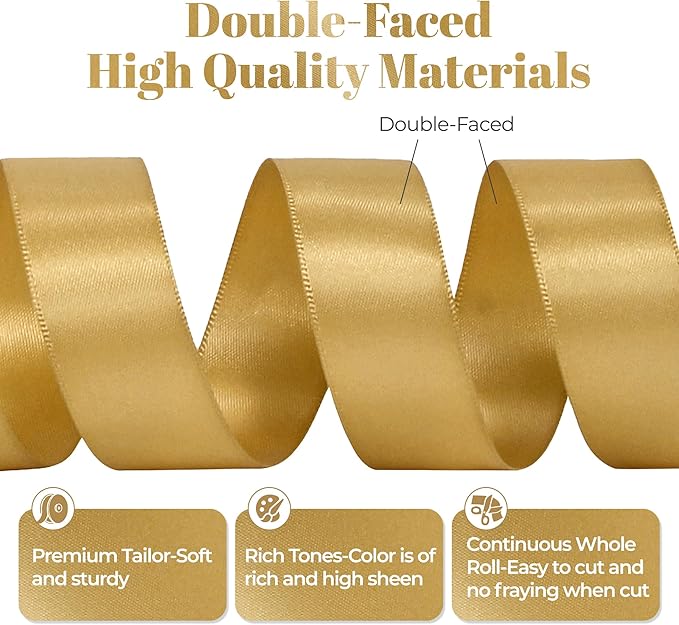 Light Gold Satin Ribbon, Double Faced 7/8 Inch X 25 Yards Light Gold Ribbon, Premium Satin Ribbon for Gift Wrapping, Crafts, Hair Bow Making, Sewing, Flower Bouquet, Wedding Party Decor