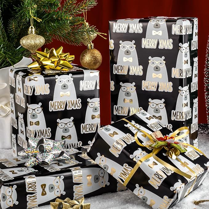 MAYPLUSS Metallic Foil Christmas Gift Wrap Paper - 17 Inch X 33 Feet - Cute Luxury Golden Bear w/Sunglasses on Black Design Winter Holiday Gift Wrap Present Paper Sheet for Party Birthday Baby Shower