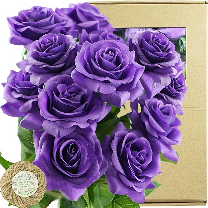FiveSeasonStuff 12 Stems Artificial Flowers Real Touch Silk Roses for Wedding Decoration Bridal Bouquets Table Centerpieces Party Shower, Packed in Box (Imperial Purple) perial Purple