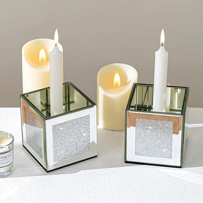 Set of 6 Bling Mirrored Square Glass Vases, 4 x 4 x 4 inches, Silver Flower Vases for Centerpieces Cube Vase Candle Holder for Wedding, Party, Home Office Decoration