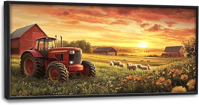 Farmhouse Sunset Large Wall Art Framed Wall Decor for Living Room Rustic Barn Tractor Pictures Oversized Canvas Print Painting Modern Extra Large Framed Artwork for Bedroom Office 60"x30"