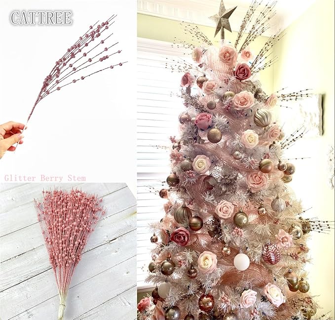 Artificial Glitter Berry Stem Decorations, Fake Bead Sticks Pick 17 Inch Stems for Halloween Christmas Ornaments Glittery Twigs Xmas Tree Wreath Vase Filler Home Decor - Champagne Pink 10 Pack