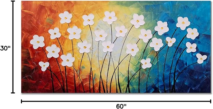 Yihui Arts Hand Painted Textured Flower Canvas Art: Rainbow Hues White Blossoms Abstract Wall Decor for Living Room, Bedroom & Office