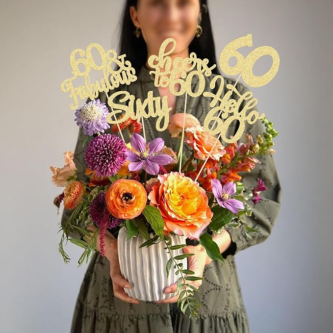 Gyufise 15Pcs 60th Birthday Centerpiece Sticks Sixty Happy 60th Table Flower Centerpieces Sticks Cheers to 60 Floral Decorations for 60th Birthday Party Centerpieces Supplies Gold