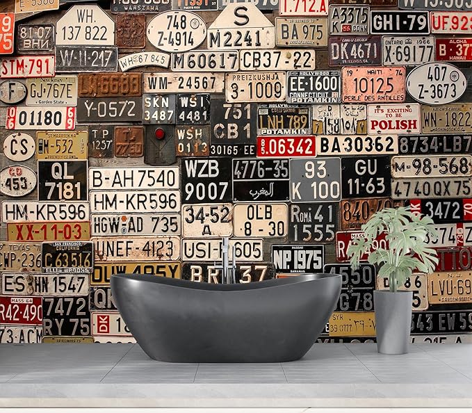 Eierme-Old License Plates from Around The World Mural Wallpaper Peel and Stick 137" x 102"